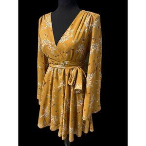FREE PEOPLE Dress Women XS Yellow Floral Bell Sleeve Tie Waist cottagecore resor